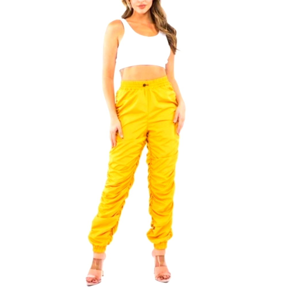 LABIJOU ROUCHED bright yellow JOGGERS drawstring  closer size large.